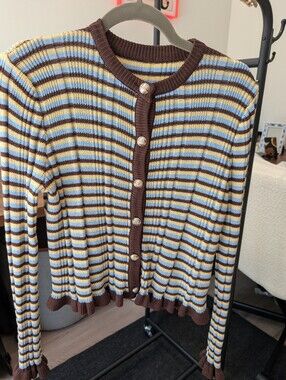 SHEIN Ribbed Striped Cardigan in Brown, Blue & Cream